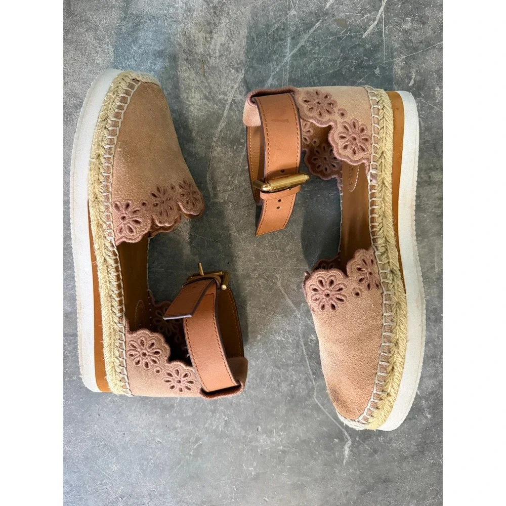 See By Chloe Glyn Suede Scalloped Espadrille Platform Ankle Strap Sandals Tan 36